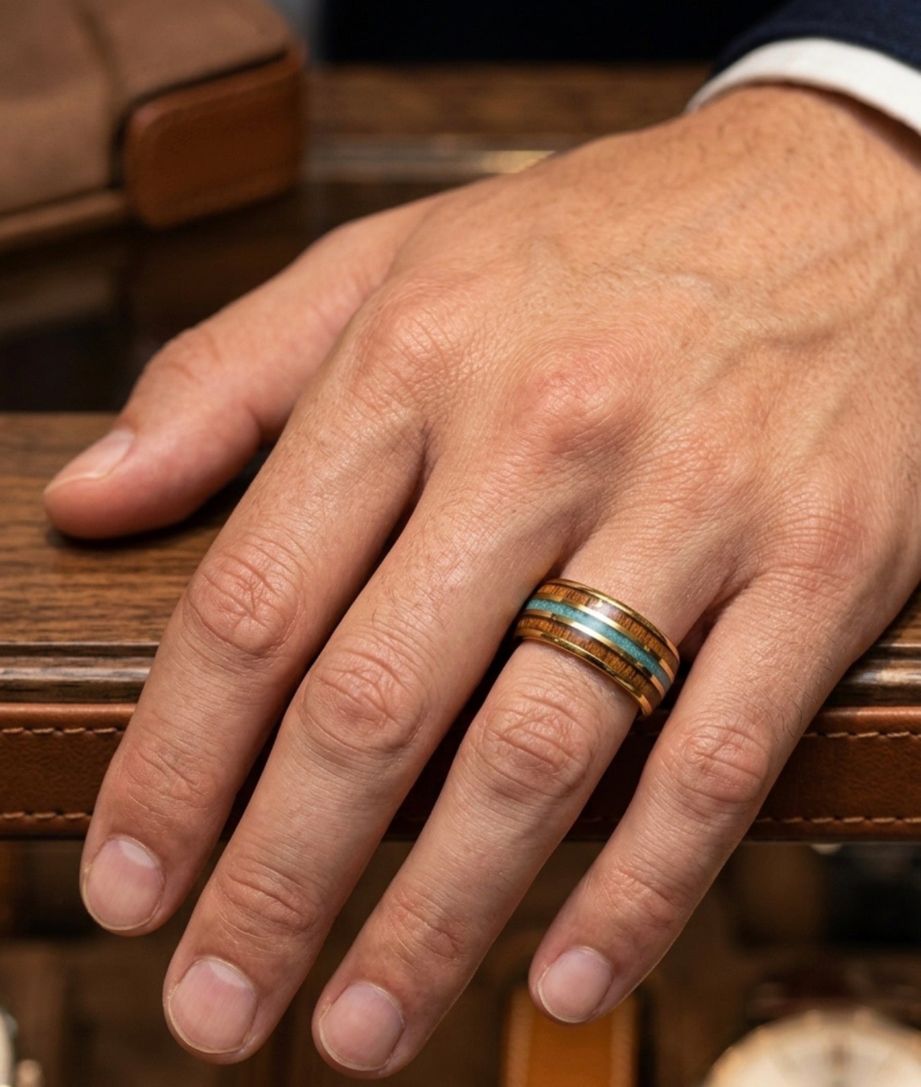 Gold Tungsten Band with Koa Wood & Turquoise Inlay