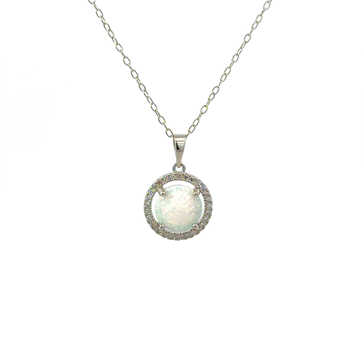 Sterling Silver Opal Halo Necklace