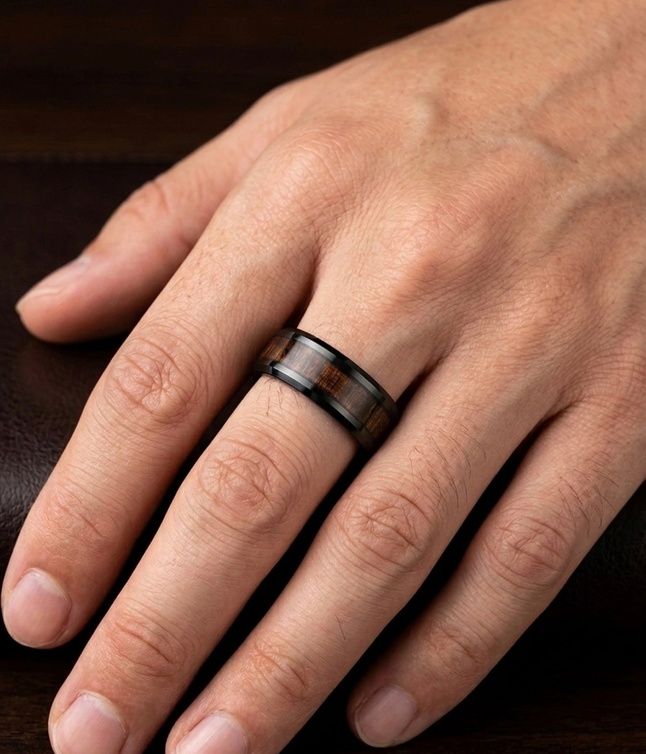 The Voyager: Black Tungsten Band with Woven Koa Wood Inlay