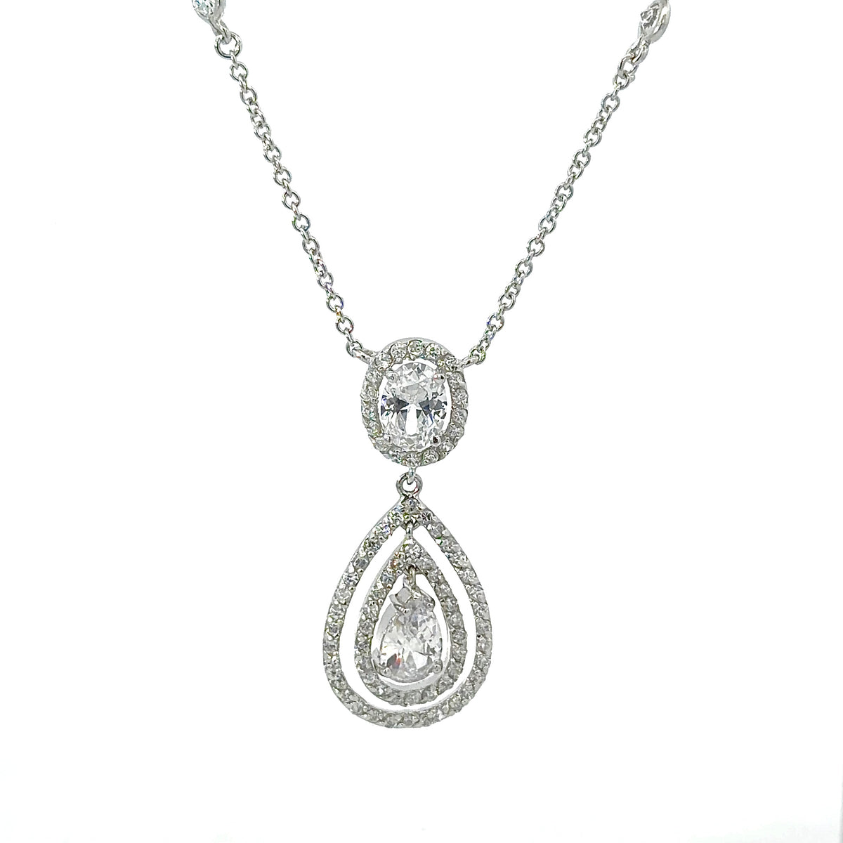 Sterling Silver Teardrop Double Halo Necklace