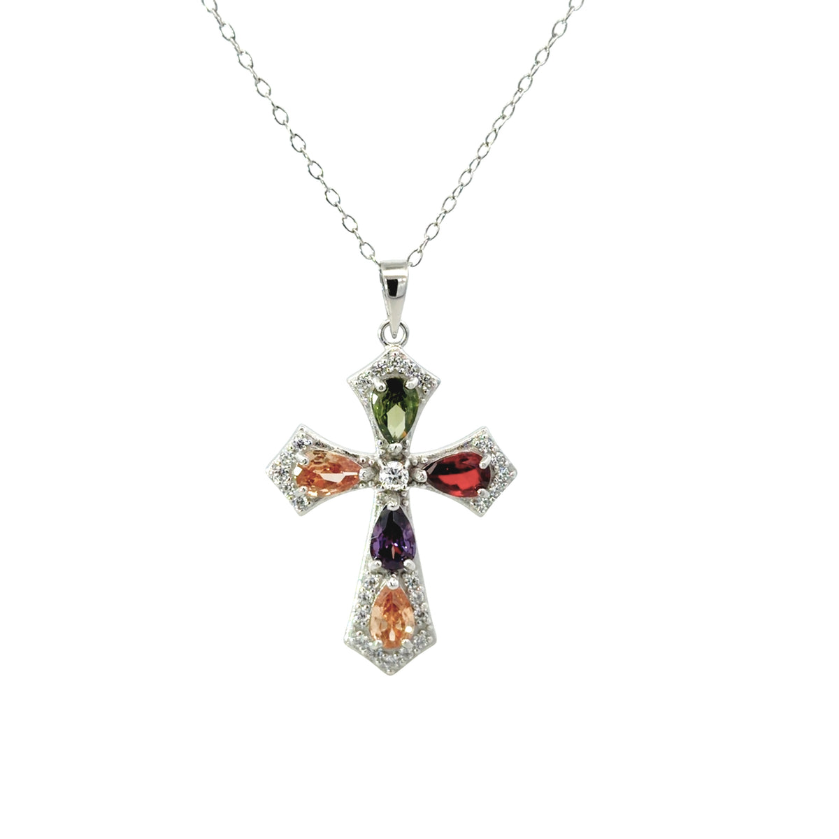 Sterling Silver Multi Color Cross Pendant Necklace
