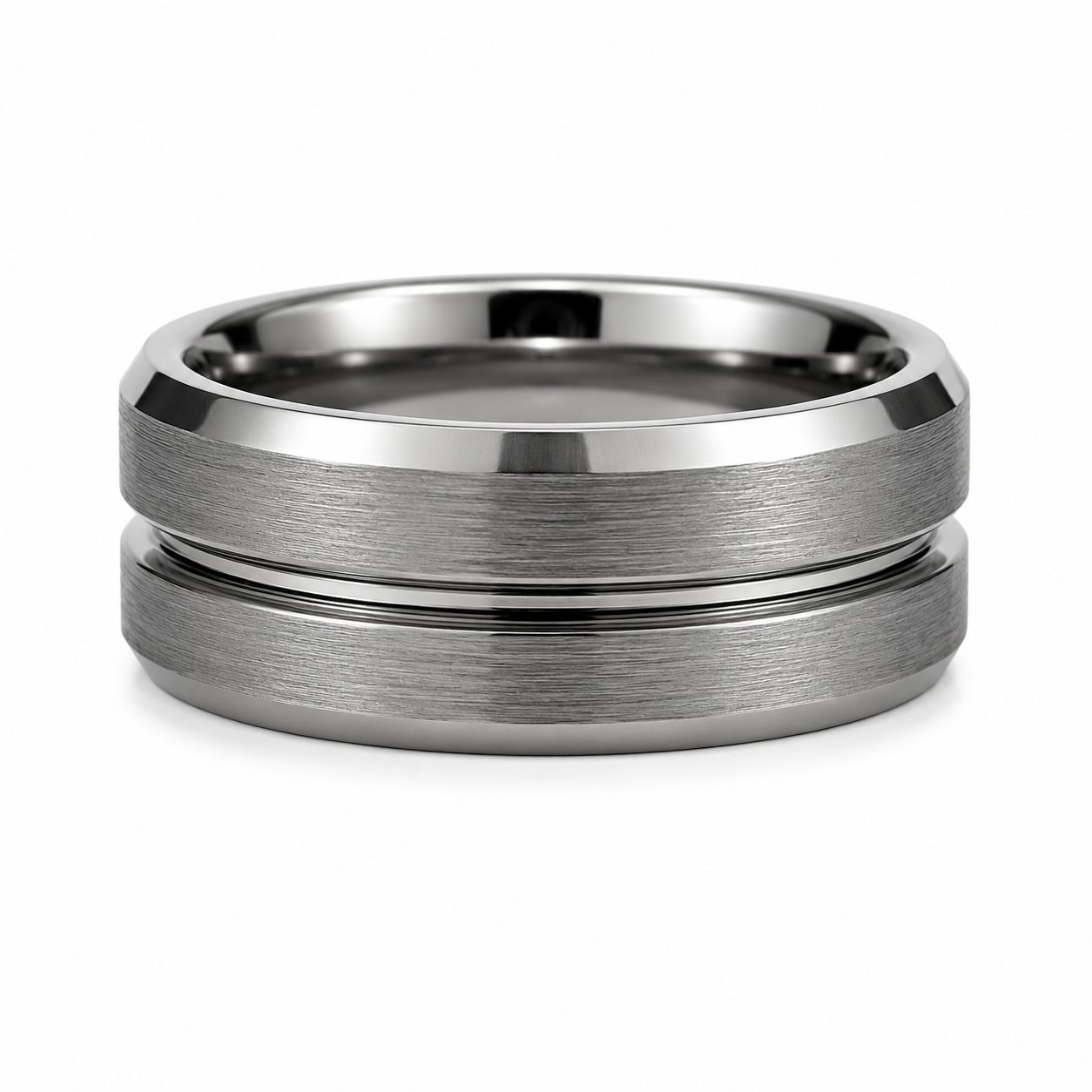 The Sentinel: Silver Brushed Tungsten Band with Center Groove & Beveled Edges