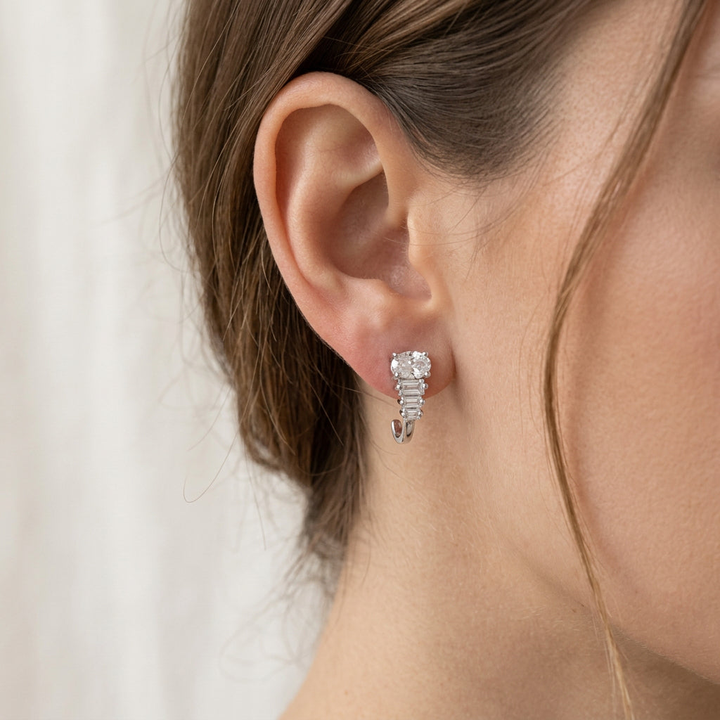 Sterling Silver Cubic Zirconia J-Hoop Earrings#
