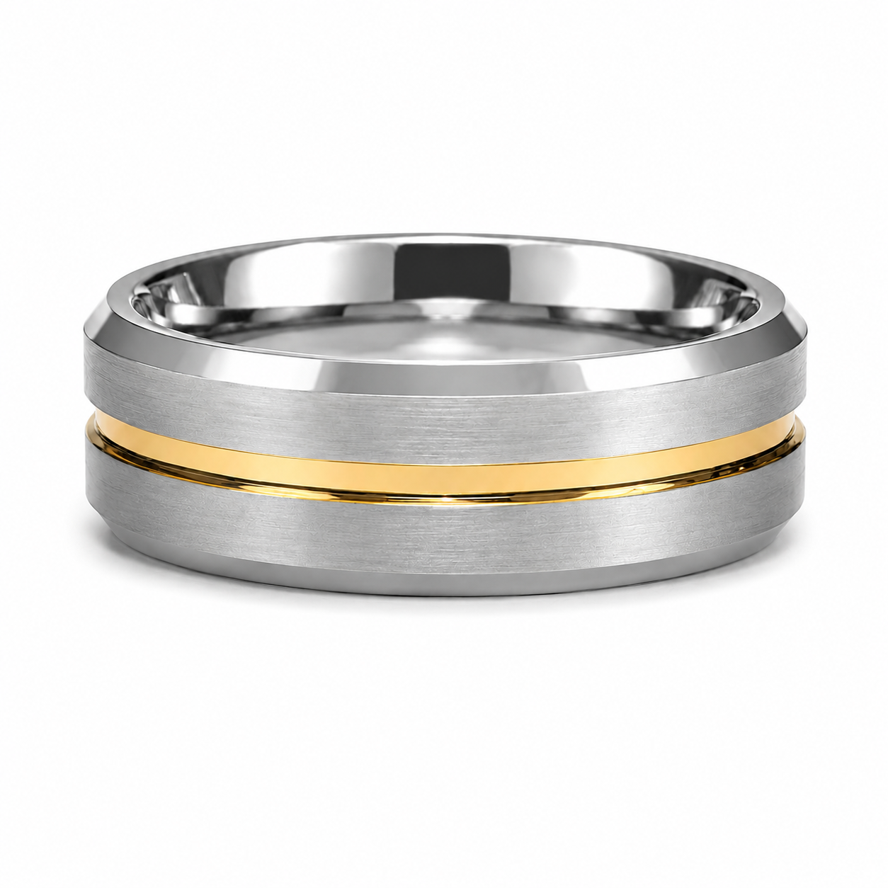 The Horizon Step: Two-Tone Brushed Tungsten Band with Gold Grooved Inlay