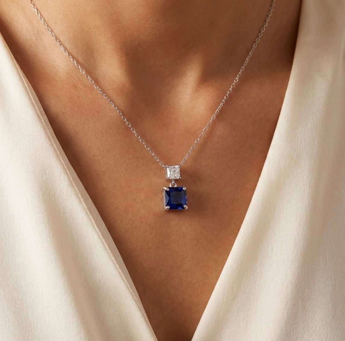 Sterling Silver Princess-cut Sapphire Necklace