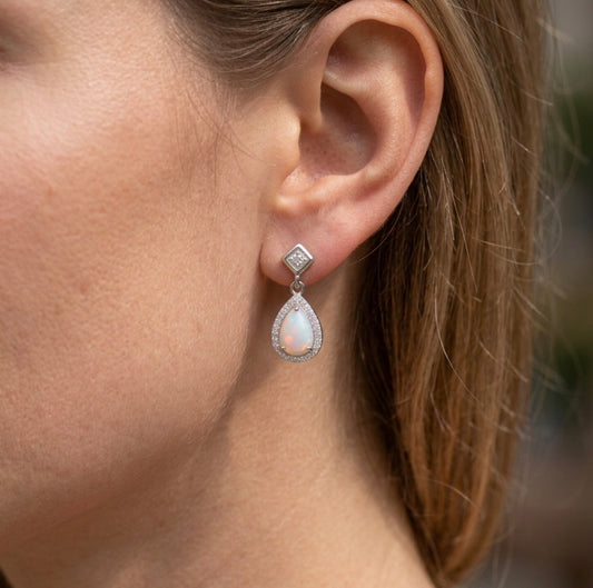 Sterling Silver Halo Teardrop-cut Opal Earrings