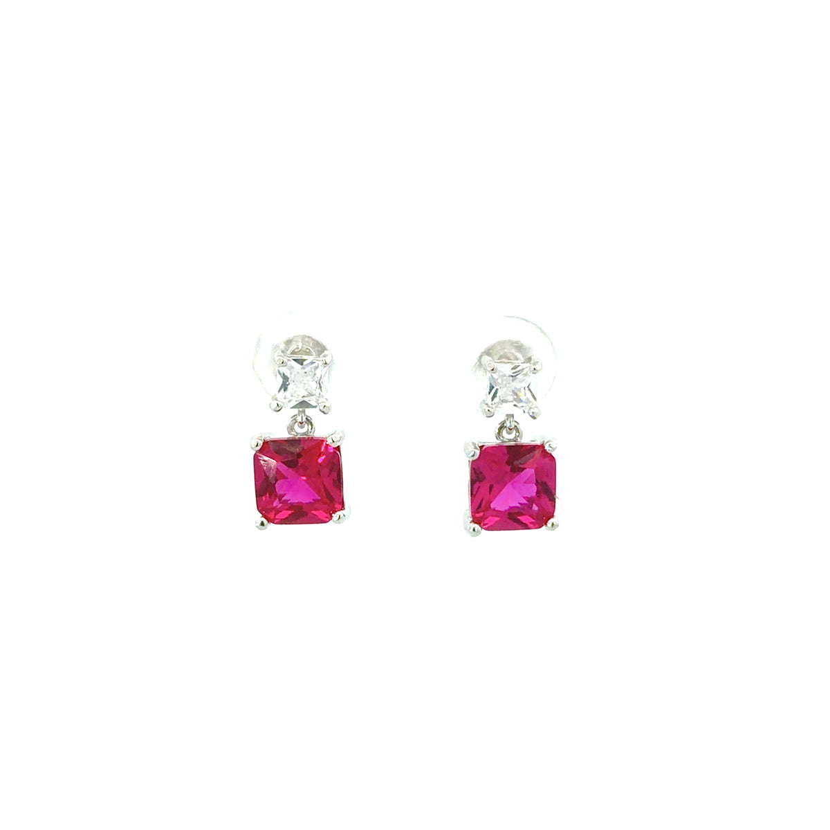 Sterling Silver Princess-cut Ruby Drop Earrings