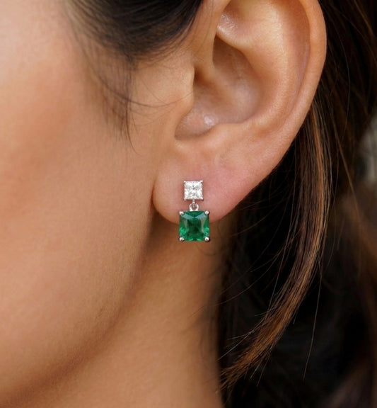 Sterling Silver Princess-cut Emerald Drop Earrings