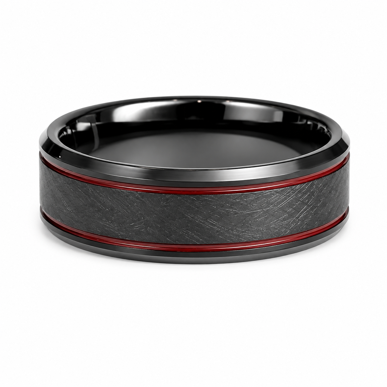 The Vulcan Edge: Black Tungsten Band with Distressed Charcoal Inlay & Crimson Grooves