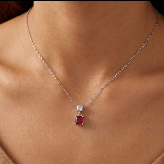Sterling Silver Princess-cut Ruby Necklace