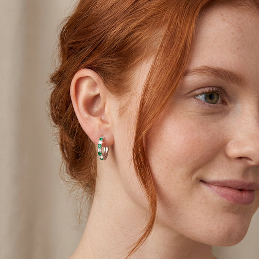 Sterling Silver Emerald Huggie Earrings