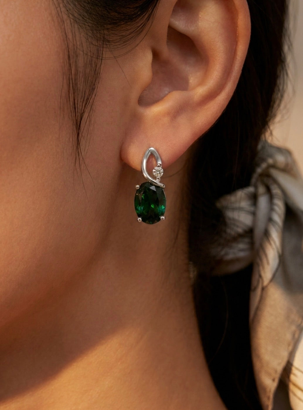 Sterling Silver Oval cut Emerald Earrings