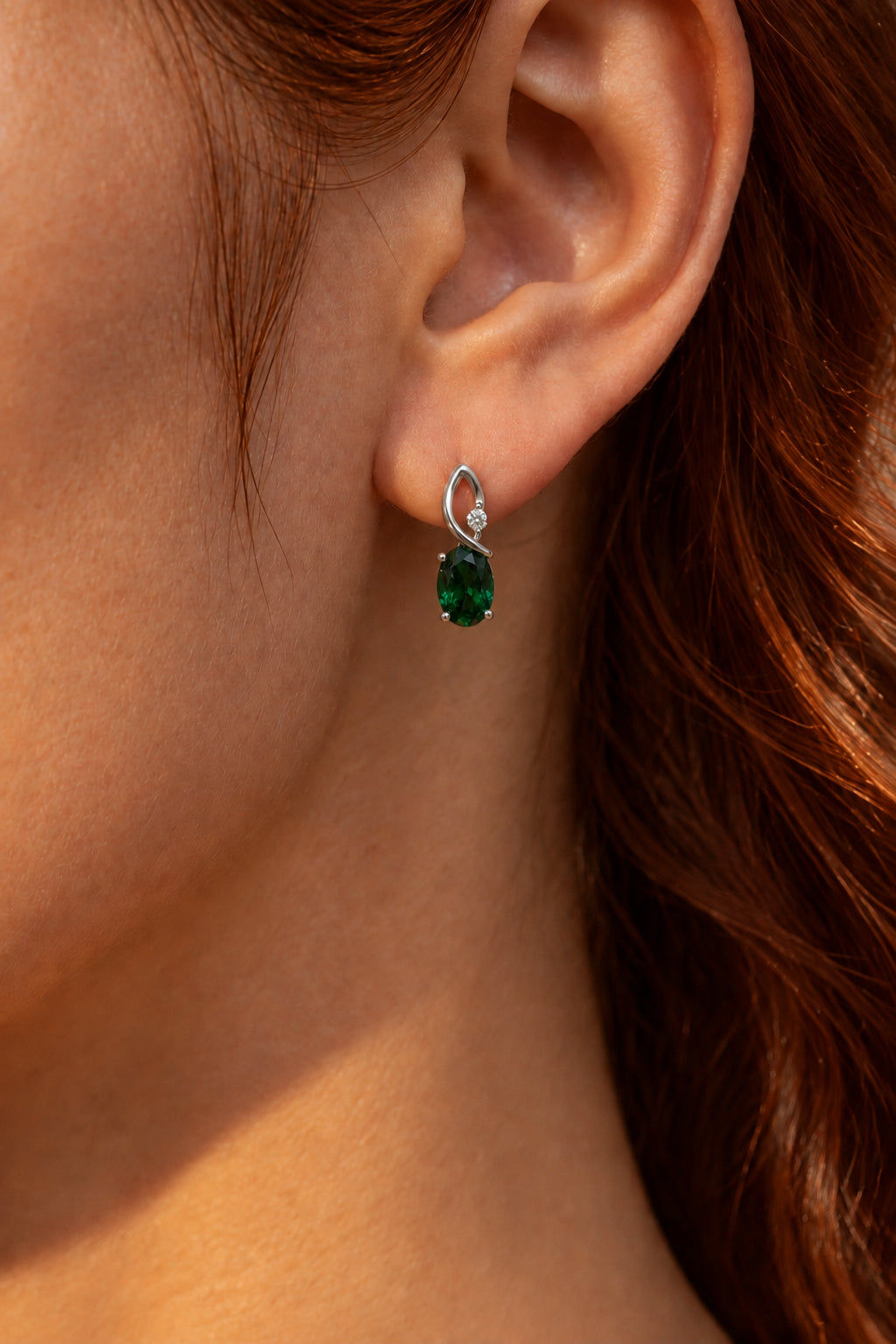 Sterling Silver Oval Emerald Stud Earrings#