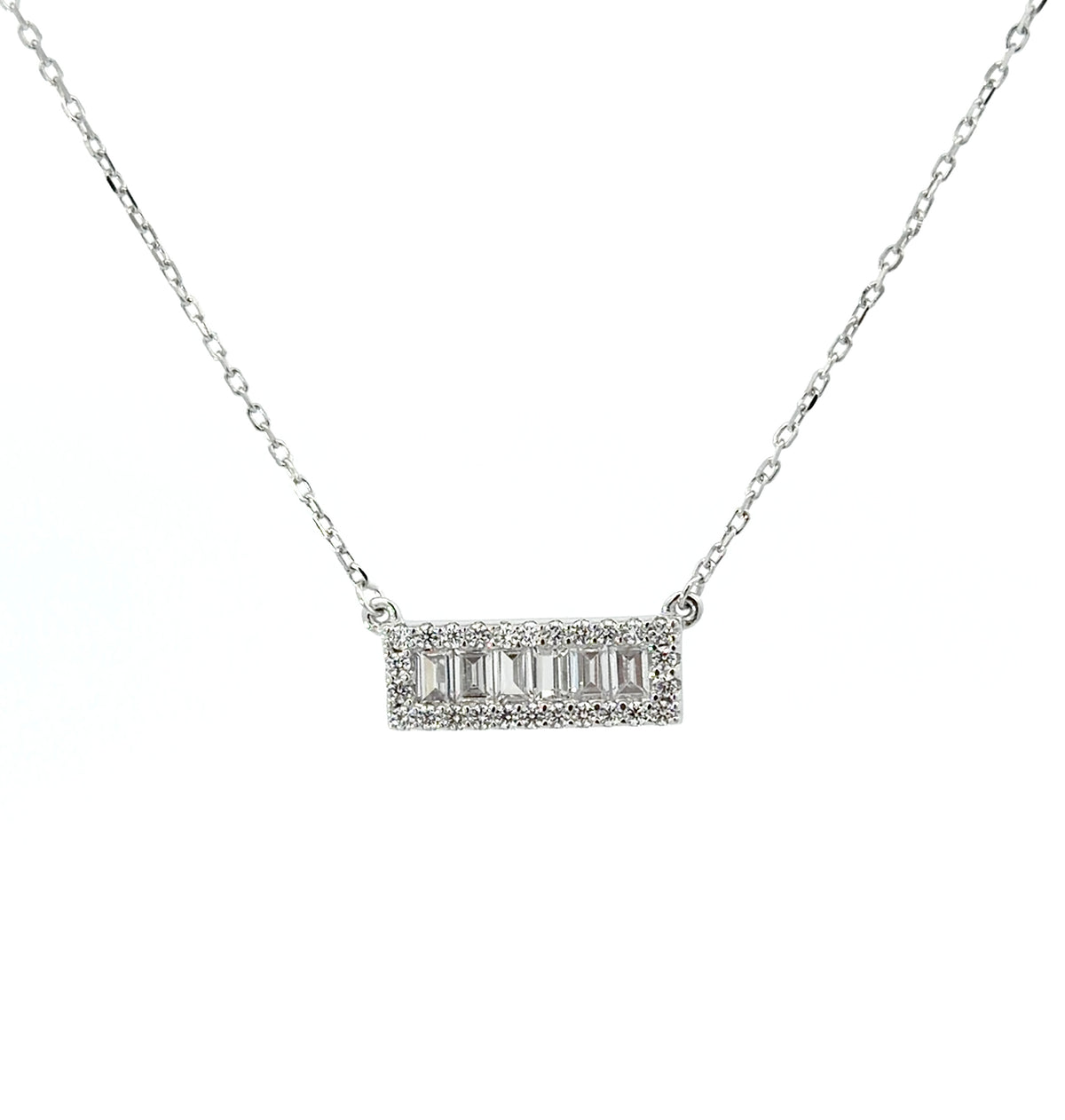 Sterling Silver Baguette Halo Bar Necklace