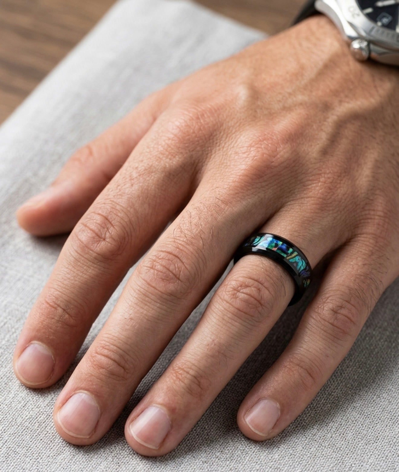 The Nebula: Black Tungsten Band with Crushed Abalone Shell Inlay