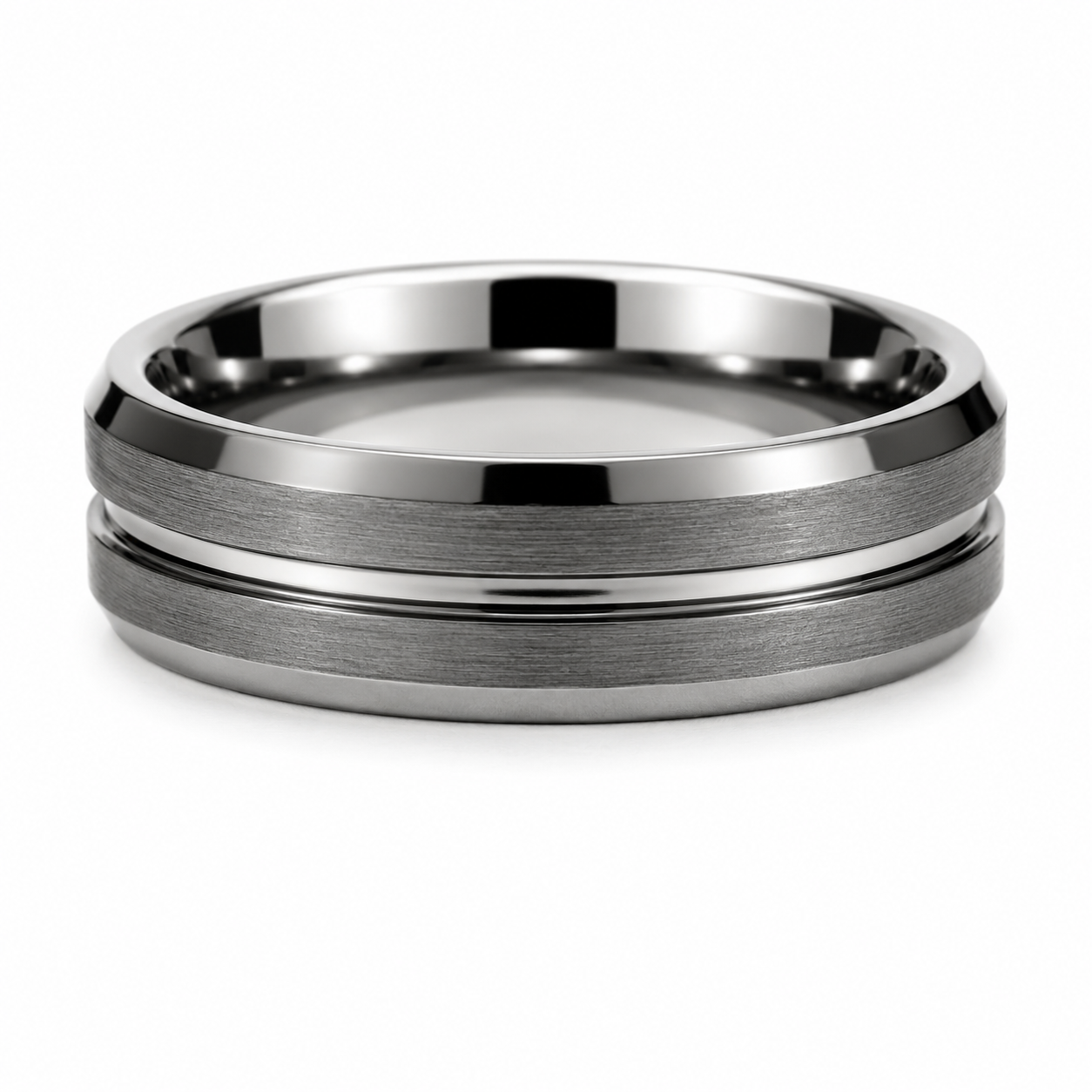 Silver Brushed Tungsten Band with Center Groove & Dual Beveled Edges