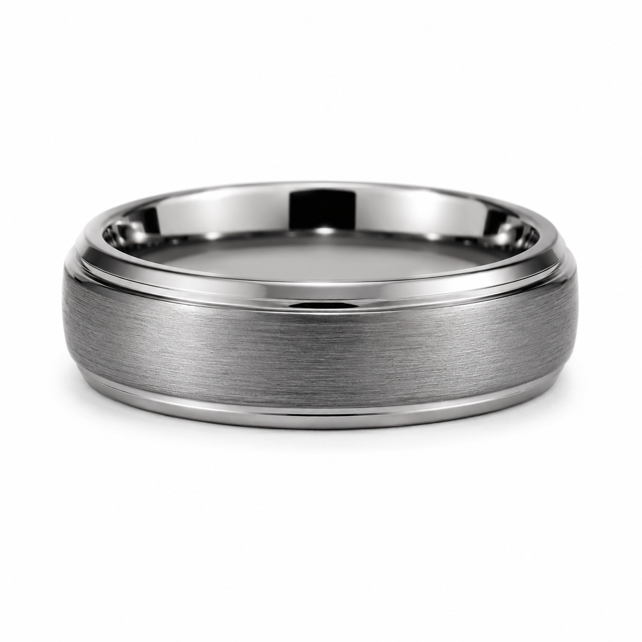 Silver Brushed 6MM Tungsten Band with Stepped Polished Edges