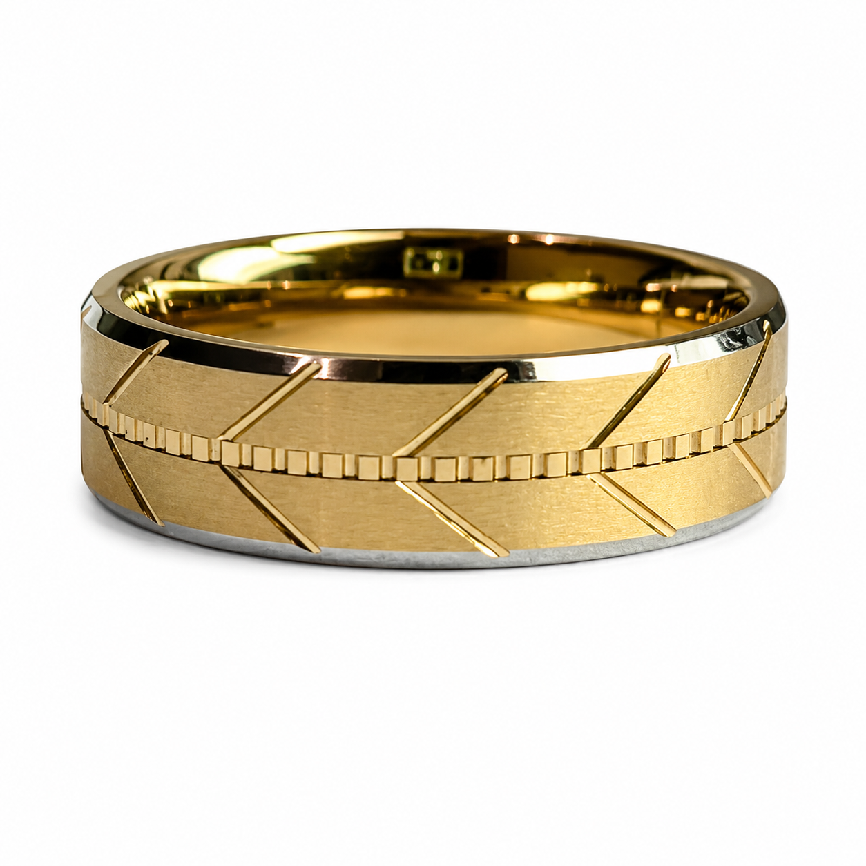 The Imperium Chevron: Gold-Plated Stepped Tungsten Band with Segmented Center Groove