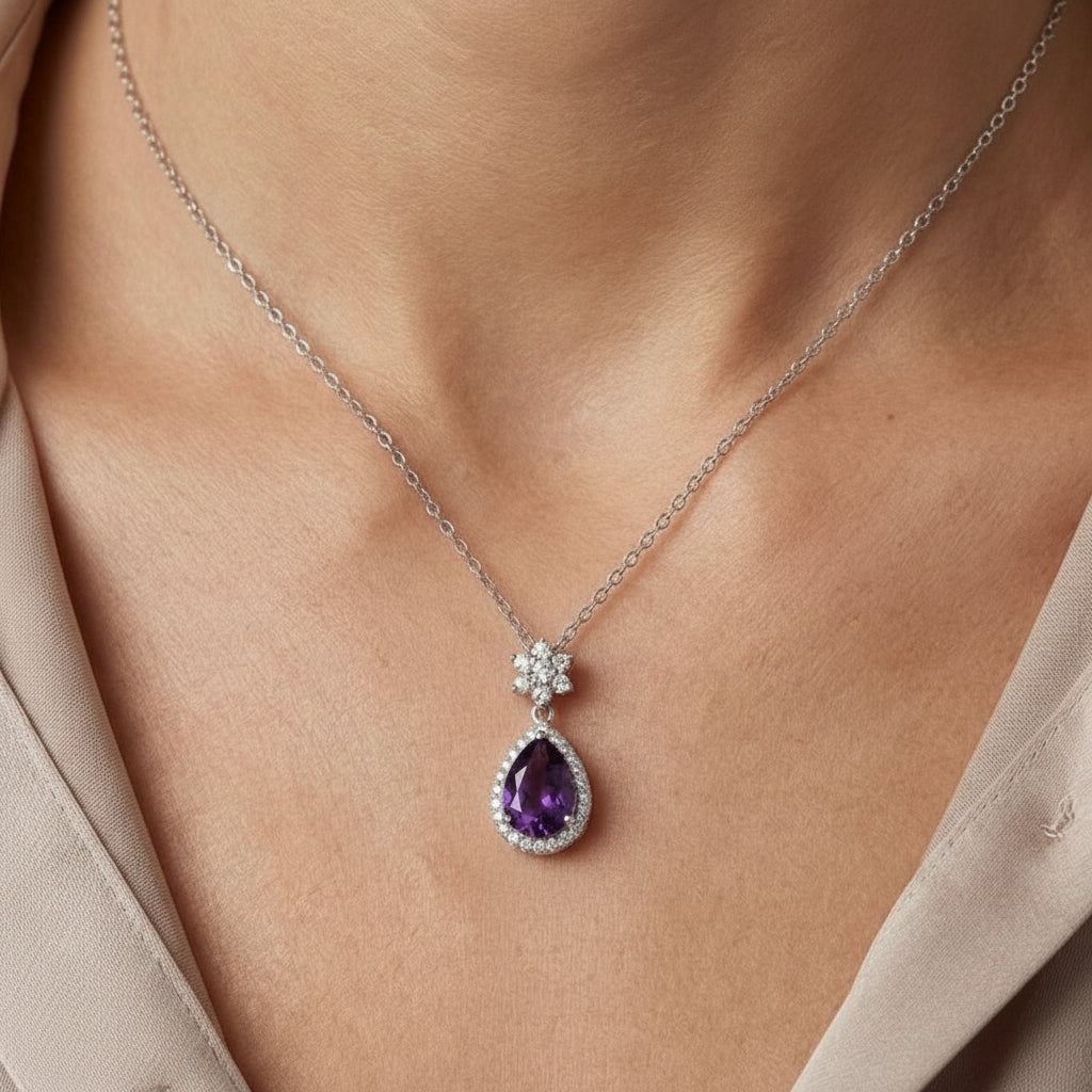 Sterling Silver Teardrop Amethyst Necklace#