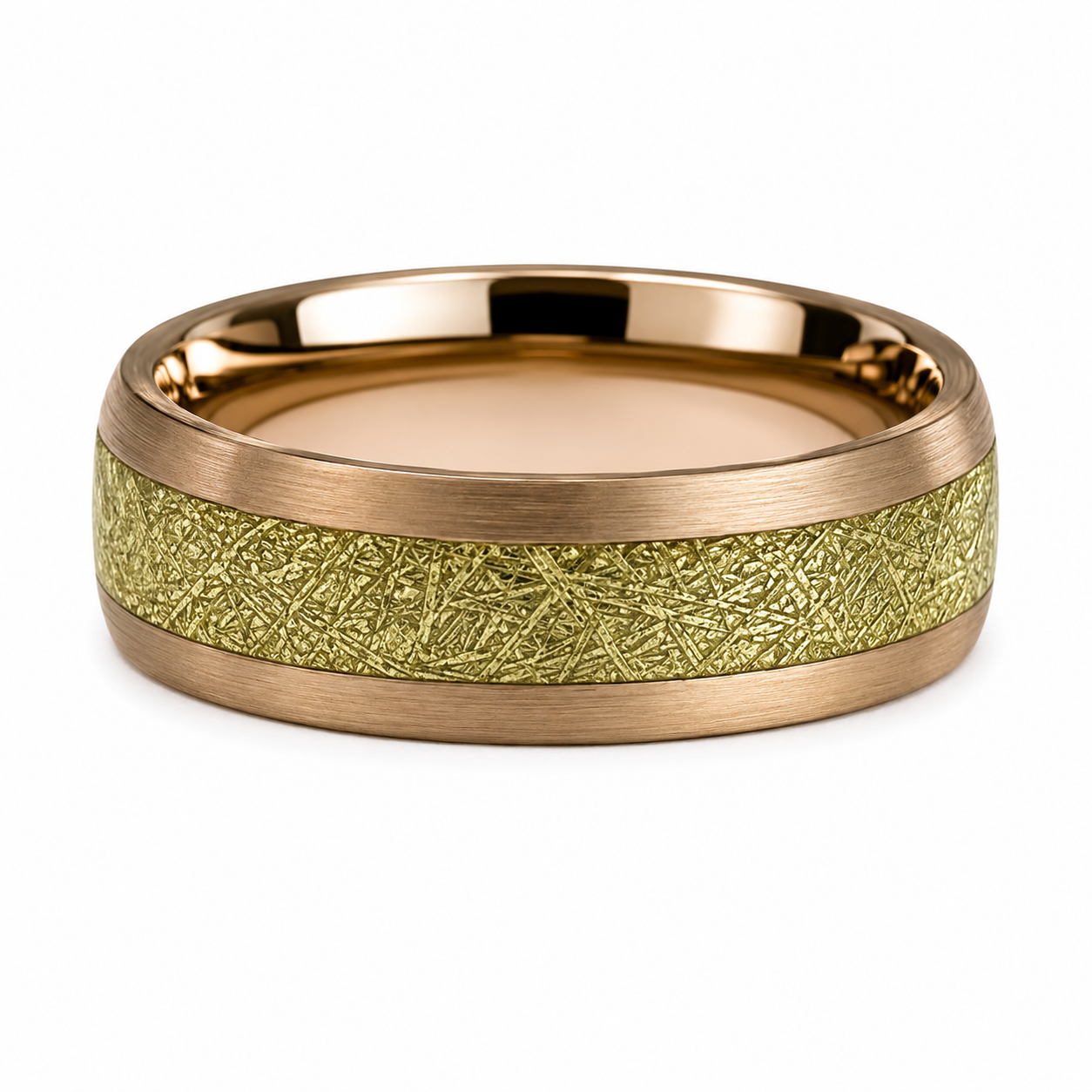 The Solstice Matrix: Rose Gold Tungsten Band with Textured Gold Meteorite Inlay
