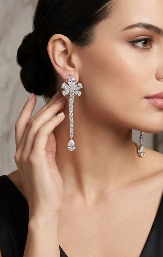 Dangle Floral Design Cubic Zirconia Earrings