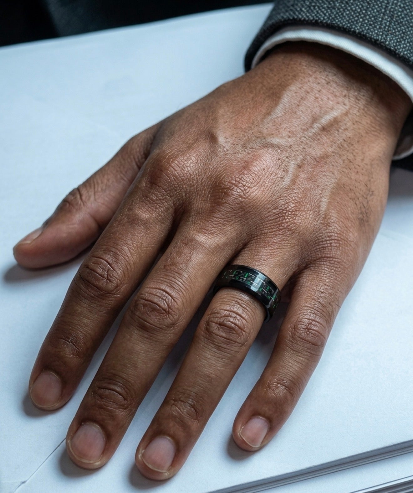 The Apex Stealth: Black Tungsten Band with Green & Black Carbon Fiber Inlay