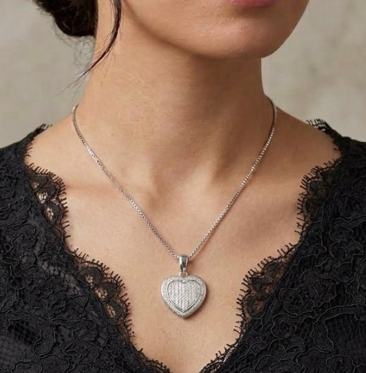 Sterling Silver Heart Shaped Pave Necklace