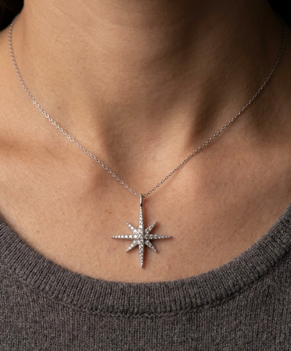 Sterling Silver Cubic Zirconia Pave-set Starburst Necklace