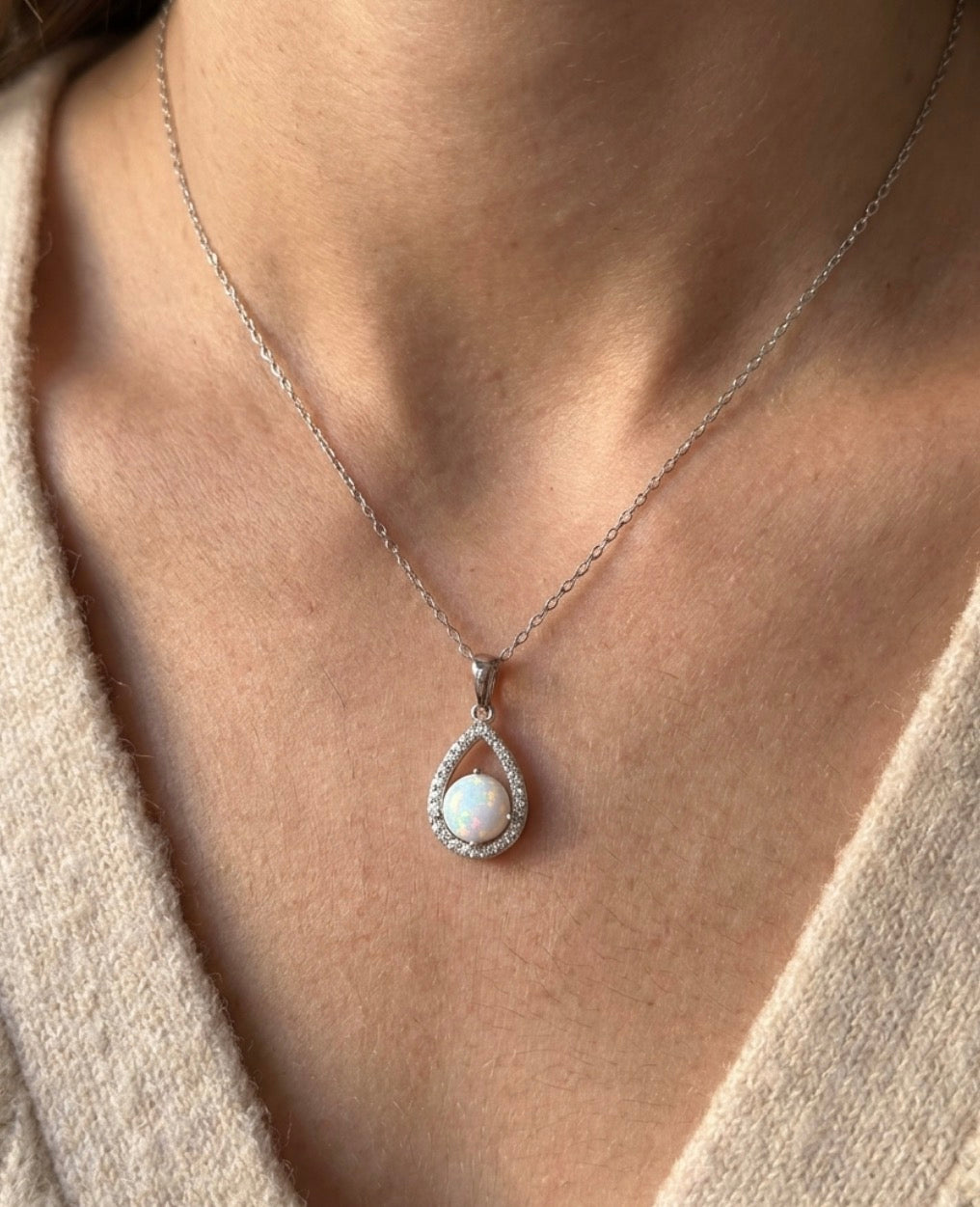 Sterling Silver Teardrop Opal Necklace#