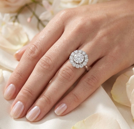 Sterling Silver Cubic Zirconia Floral Cocktail Ring