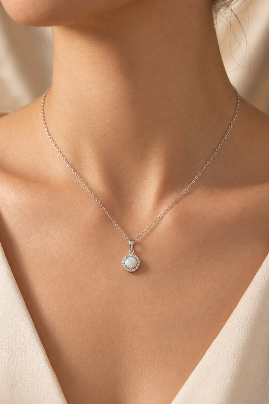 Sterling Silver Opal Halo Necklace
