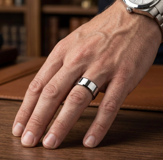The Meridian Slim: 6mm High-Polish Silver Tungsten Band with Beveled Edges