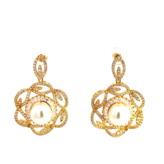 Gold Plated Floral Design Pearl Earrings