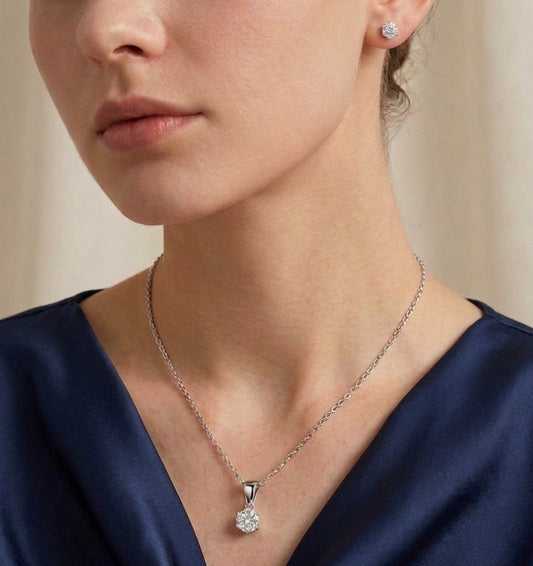 Sterling Silver Solitaire Brilliant-cut Necklace & Stud Earring Set