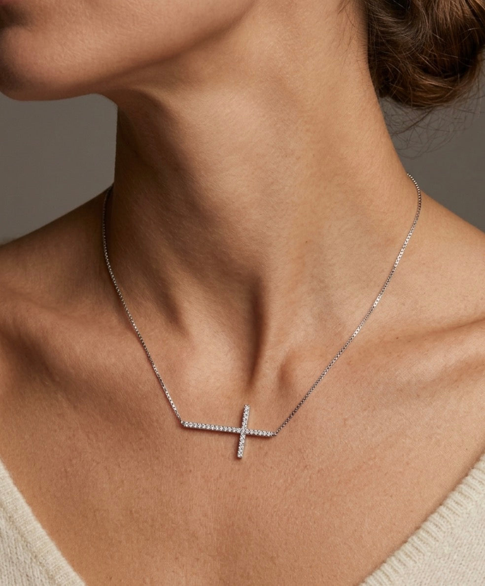 Sterling Silver aside-ways Cross Pendant Necklace
