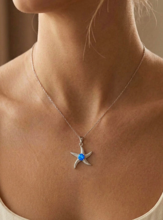 Sterling Silver Starfish Blue Opal Necklace