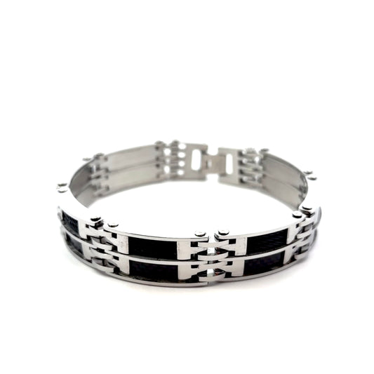 Men’s Stainless Steel Bracelet with Carbon Fiber and Steel Cable Accent