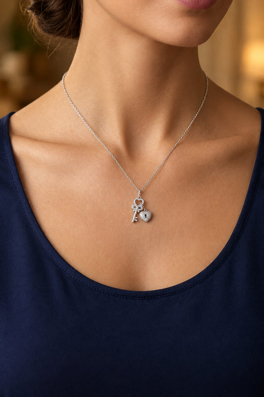 Sterling Silver Heart Lock and Key Necklace