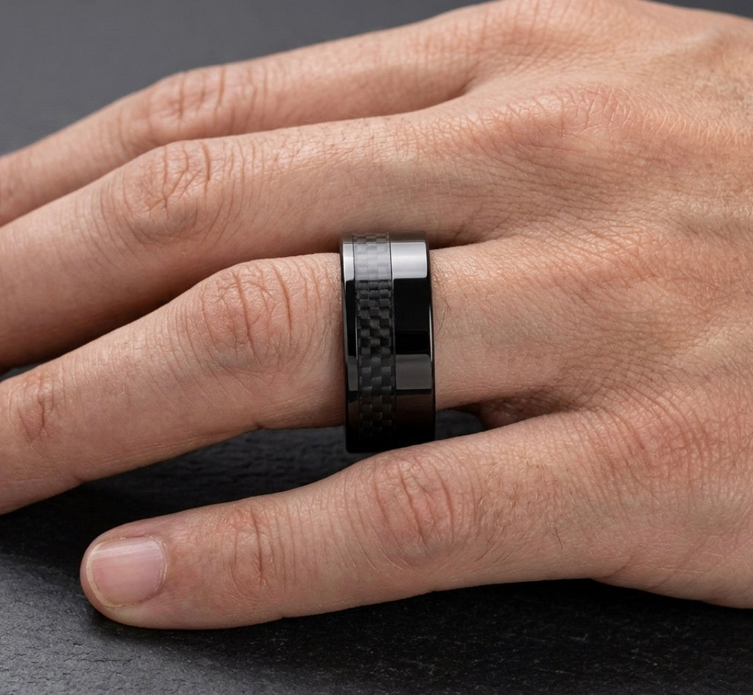 The Phantom Matrix: 8mm Black Tungsten Band with Black Carbon Fiber Inlay