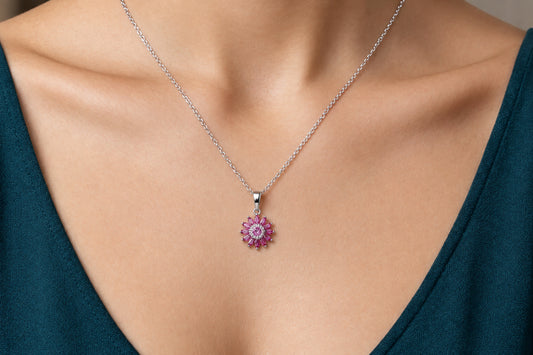Sterling Silver Floral Design Ruby Necklace