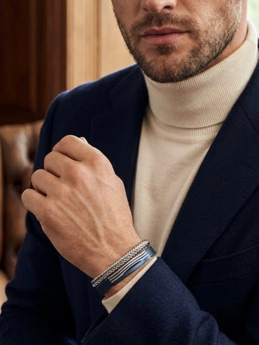Blue Multi String Leather with Stainless Steel Accent Center Piece Bracelet