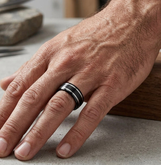 The Shadow: Matte Black & Silver Grooved Tungsten Band