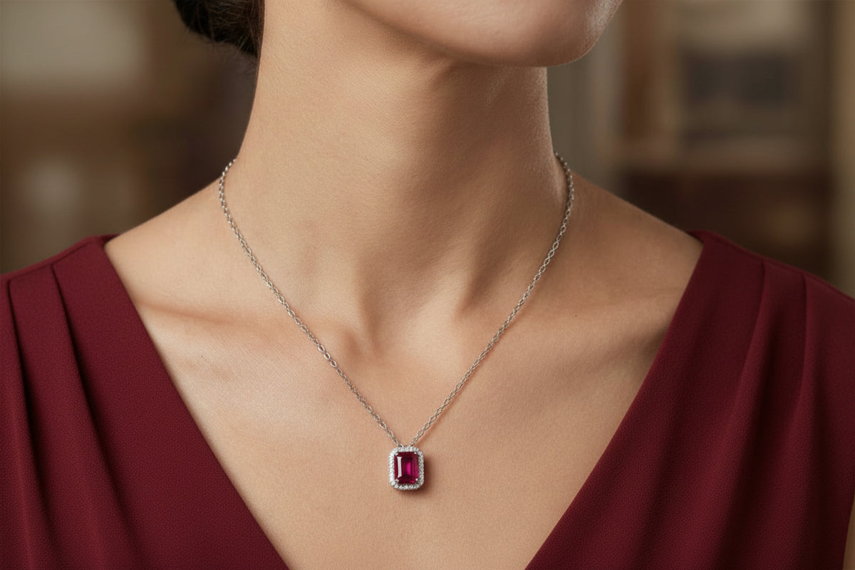 Sterling Silver Ruby Halo Necklace