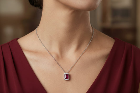 Sterling Silver Ruby Halo Necklace