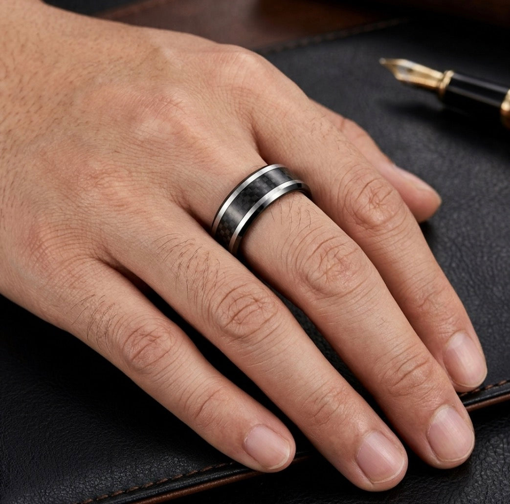 The Overdrive: Two-Tone Tungsten Band with Black Carbon Fiber Inlay