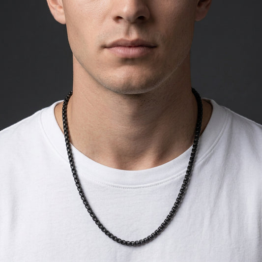 Men's Matte Black Stainless Steel Round Box Chain