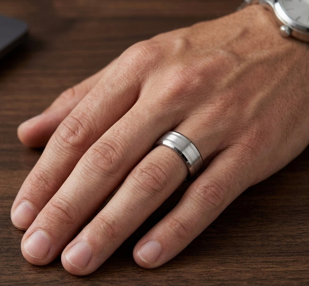The Meridian: Silver Triple-Brushed Tungsten Band with Dual Polished Grooves