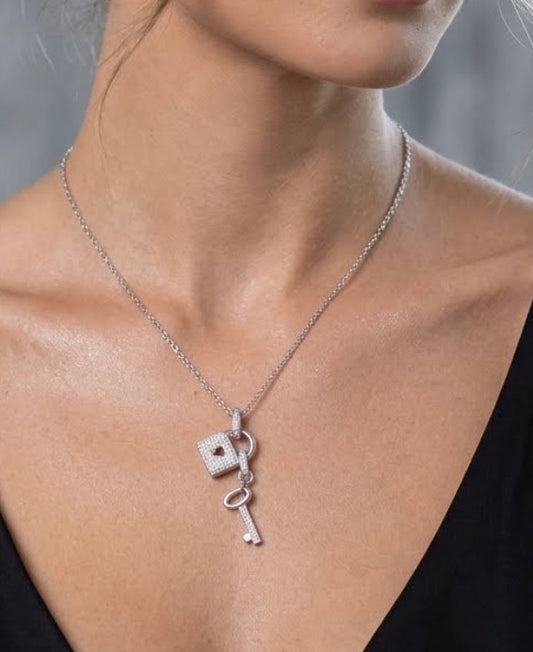 Sterling Silver Lock & Key Pave Setting Cubic Zirconia Necklace