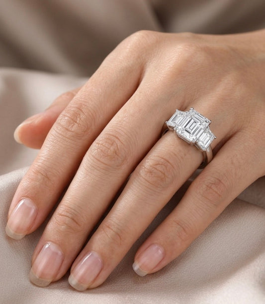 Sterling Silver Emerald Cut 3 Stone Ring