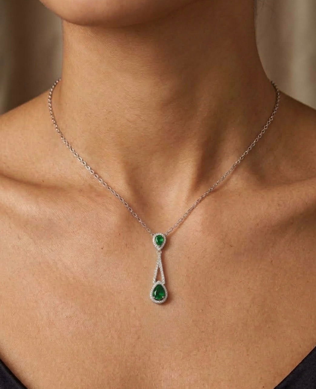 Sterling Silver Double Teardrop-cut Emerald Necklace
